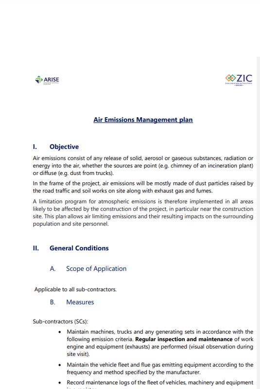 Air Emission Management Plan, Arise IIP investment guides and documents