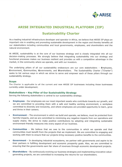 ARISE IIP SUSTAINIBILITY CHARTER, Arise IIP investment guides and documents