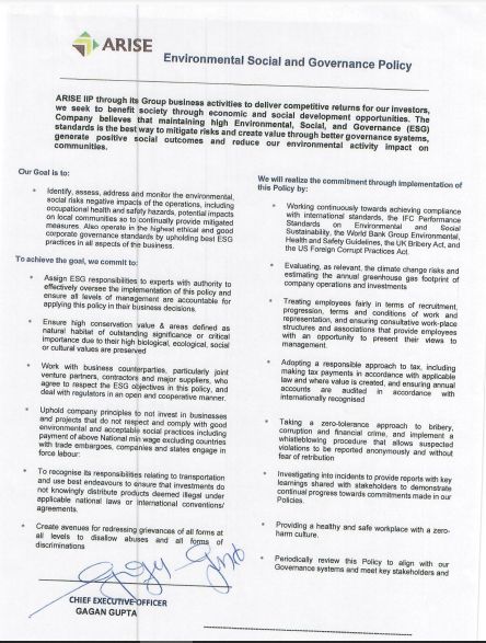 ESG Policy 2021, Arise IIP investment guides and documents