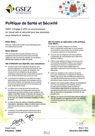 GSEZ Health and safety policy, Arise IIP investment guides and documents