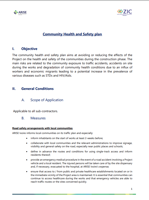 Community Health and Safety Plan, Arise IIP investment guides and documents
