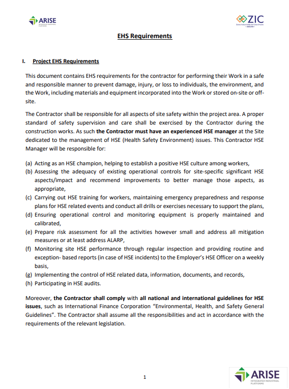 EHS Requirement for Contractors, Arise IIP investment guides and documents