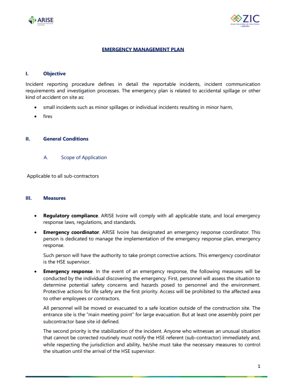 Emergency Plan, Arise IIP investment guides and documents