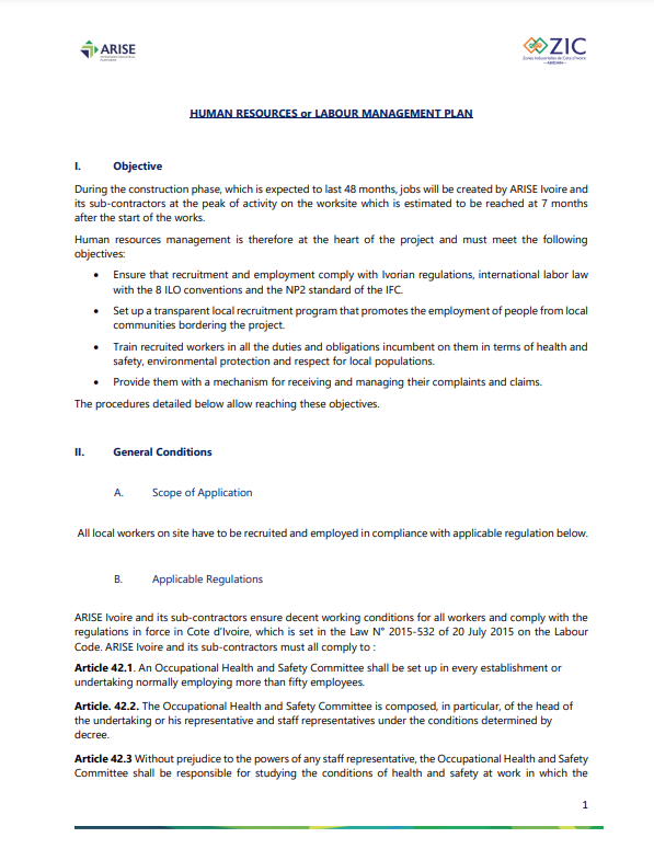 HR Management Plan, Arise IIP investment guides and documents