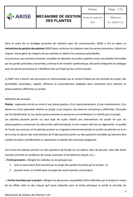 MECANISME DE GESTION GRIEFS – ARISE, Arise IIP investment guides and documents