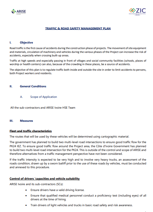 Traffic & Road Safety Management Plan, Arise IIP investment guides and documents