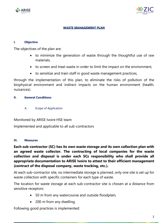 Waste Management Plan, Arise IIP investment guides and documents
